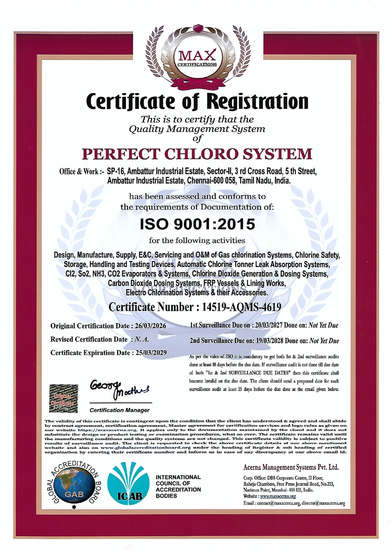 ISO 9001:2015 Certificate - Perfect Chloro System